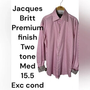 Jacques Britt  men M. dress shirt.Pink,white,striped,two tone,logo,career,office